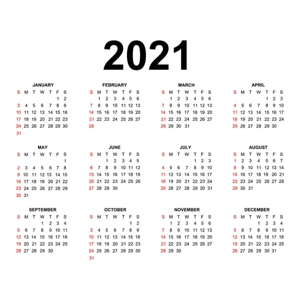 Ημερολόγιο 2021 Έτος Απλό Σχέδιο Εβδομάδα Αρχίζει Την Κυριακή Κόκκινα — Διανυσματικό Αρχείο