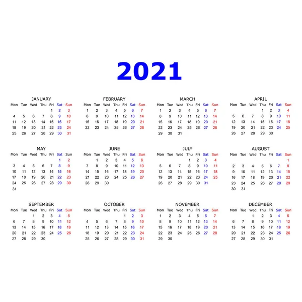 Kalendář 2021 Rok Jednoduchý Design Týden Začíná Neděli Červené Černé — Stockový vektor