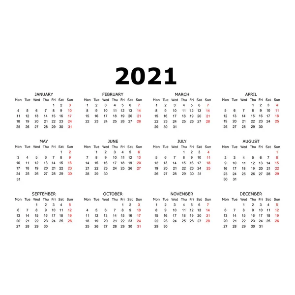 Calendário 2021 Ano Design Simples Semana Começa Domingo Cores Vermelho — Vetor de Stock