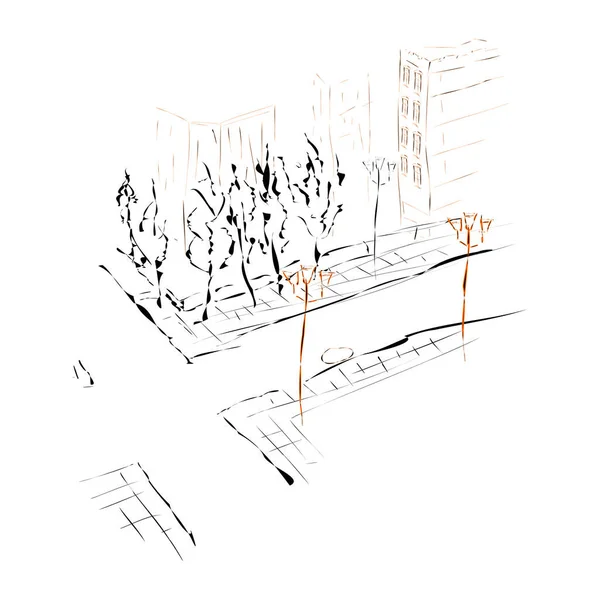 抽象的な街のパノラマ モダンなヴィンテージデザイン 水彩の質感の背景に線形スケッチ ベクターイラスト — ストックベクタ
