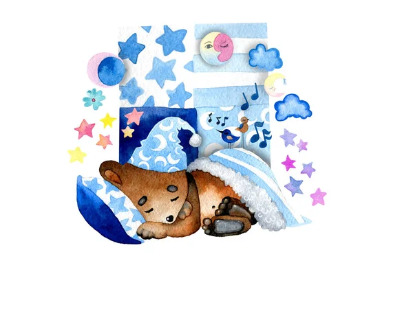 Childrens picture with sleeping cute animals. Style for kids texture for fabrics, cards, packaging, textiles, wallpapers, clothes. Watercolor illustration. Design for a child. — Stock Photo, Image