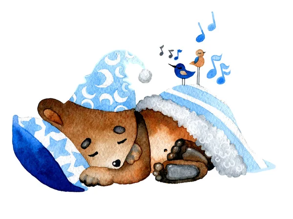 Childrens picture with sleeping cute animals. Style for kids texture for fabrics, cards, packaging, textiles, wallpapers, clothes. Watercolor illustration. Design for a child. — Stock Photo, Image