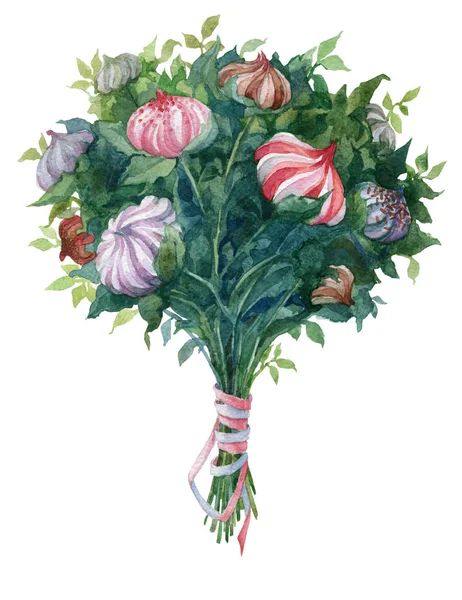 Watercolor bouquet with marshmallows and pink ribbon — Stock Photo, Image