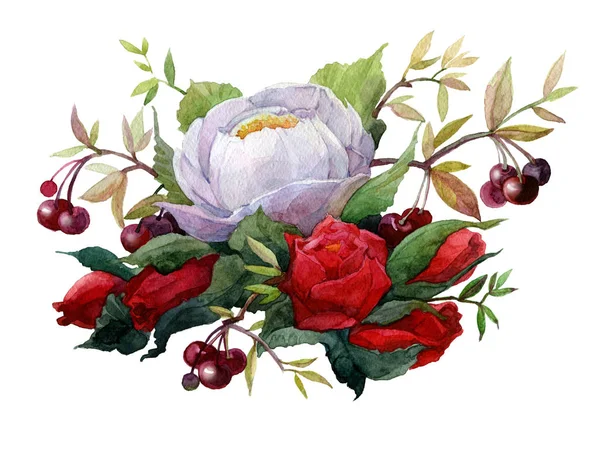 Watercolor bouquet with peony, cherries and roses. — Stock Photo, Image