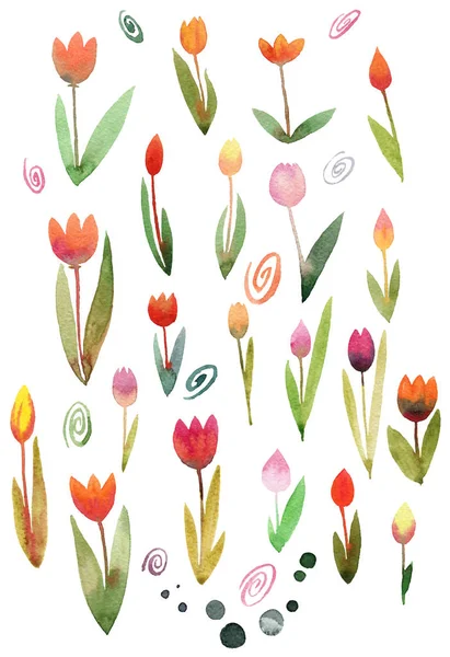 Naadloze bloemen patroon met aquarel tulpen. Lente achtergrond met bloesem bloemen voor stof, behang, posters, banners. — Stockfoto