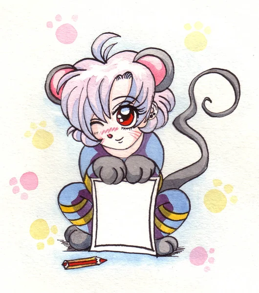 Aquarel anime meisje muis, symbool van het nieuwe jaar 2020 — Stockfoto