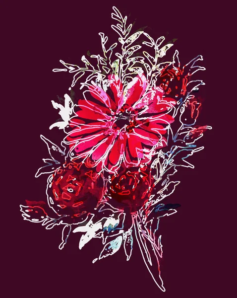 분홍색 거베라와 빨간 장미와 수채화 꽃다발. 꽃 수채화 그림입니다. 수동 구성. 어머니의 날, 결혼식, 생일, 부활절, 발렌타인 데이. 파스텔 색상 봄. 여름. 빈티지 — 스톡 사진