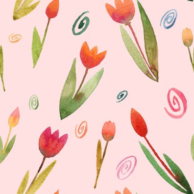 Suluboya Laleler ile Çiçek Dikişsiz Desen. Kumaş, Duvar Kağıdı, Afiş, Afiş için Çiçek Çiçekleri ile Bahar Arka Plan.