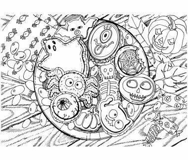 Çocuklar ve yetişkinler için grafik doodle çizim boyama kitabı, antistress boyama kitabı. Cadılar Bayramı'nda hayalet, balkabağı, kedi, örümcek, iskelet, gözler, yarasa gibi tatlılar. Vektör çizimi.