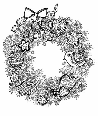 Noel boyama antistres, yetişkinler ve çocuklar için. Köknar dalları, koniler, oyuncaklar ve süslemeler, desenler ile Noel çelenk. Grafik çizim. Vektör çizimi.