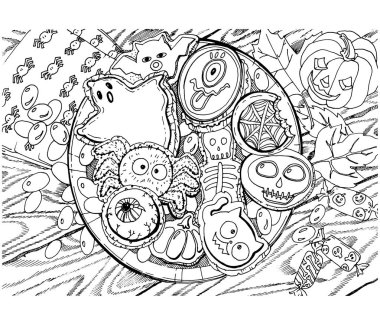 Çocuklar ve yetişkinler için grafik doodle çizim boyama kitabı, antistress boyama kitabı. Cadılar Bayramı için tatlılar bir tabak, kek ve hayalet şeklinde çerez, kabak, kedi, örümcek, iskelet, gözler, yarasa.