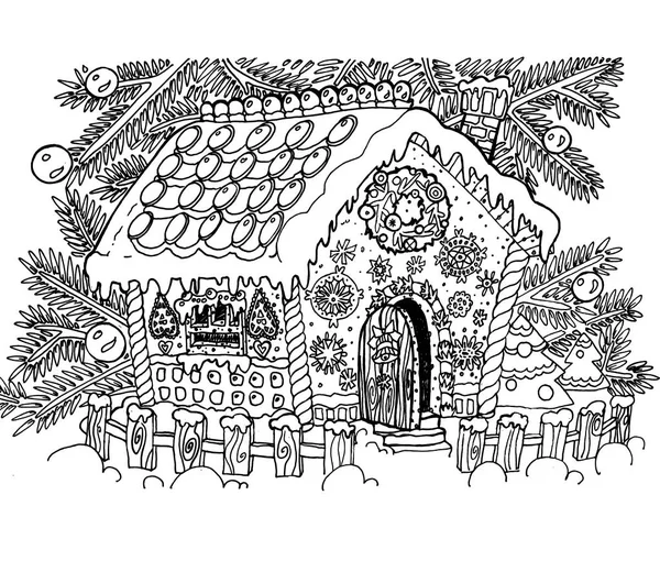 Colorante de Navidad antiestrés, para adultos y niños. Dibujo gráfico.Casa festiva de jengibre decorada con dulces y crema — Foto de Stock