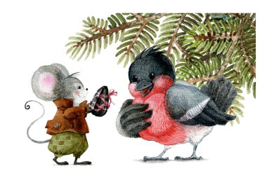 Küçük fare arkadaşı bir kuş için tohum şeklinde bir Noel hediyesi verir. Suluboya illüstrasyon, el yapımı.