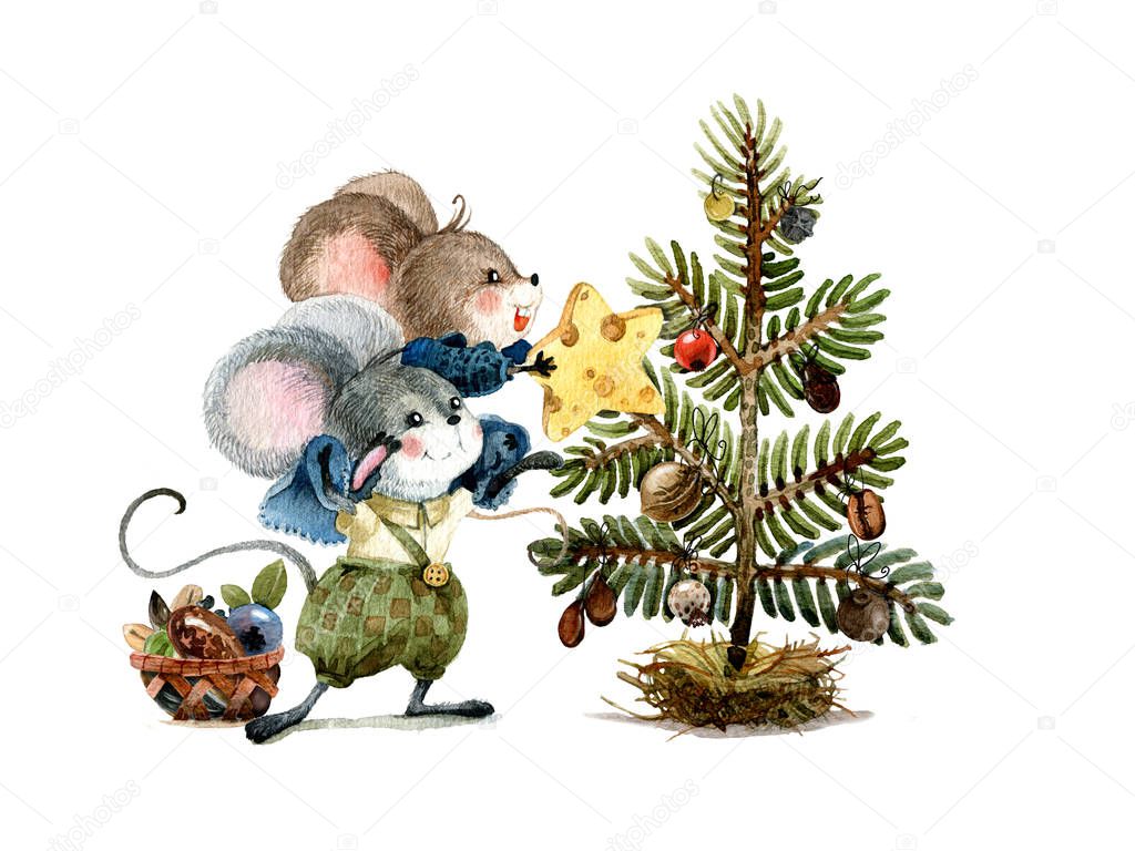 Christmas scene, mice decorate the holiday tree with seeds and fruits of plants. Watercolor illustration, handmade.