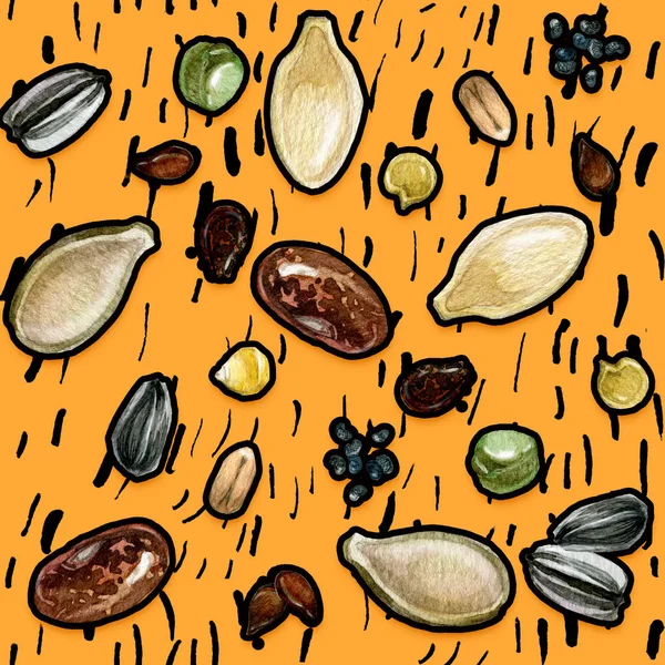 Bild av frön och frukter, nötter av olika växter på en abstrakt bakgrund, sömlösa mönster. Handgjorda akvarell illustration. — Stockfoto