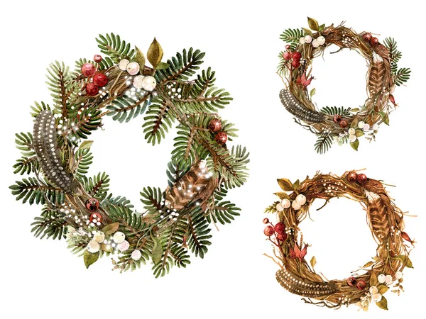 Set of Christmas holiday wreath made of natural materials, branches, spruce, feathers, berries. Watercolor illustration, handmade — Stock Photo, Image