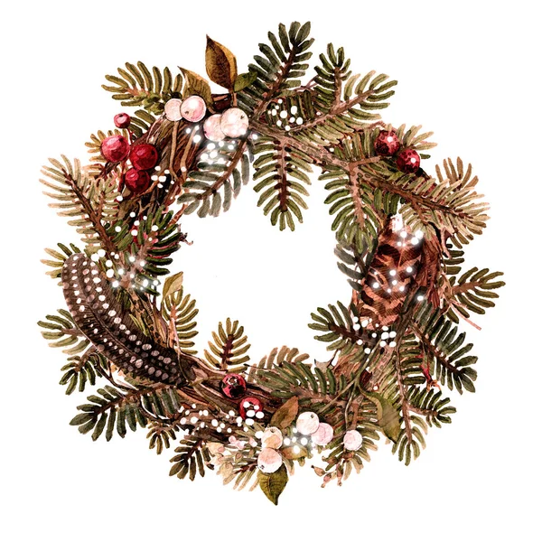 Corona navideña hecha de materiales naturales, ramas, abeto, plumas, bayas. Ilustración en acuarela, hecha a mano —  Fotos de Stock