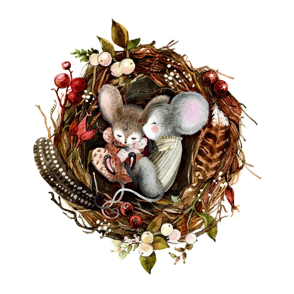 Een familie van muizen slapen in een kerst feestelijke krans, een nest van natuurlijke materialen, takken, sparren, veren, bessen. Symbool van 2020. Aquarel illustratie, handgemaakte — Stockfoto