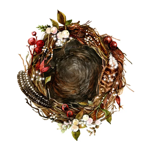 Corona navideña, nido de materiales naturales, ramas, abeto, plumas, bayas. Ilustración en acuarela, hecha a mano —  Fotos de Stock