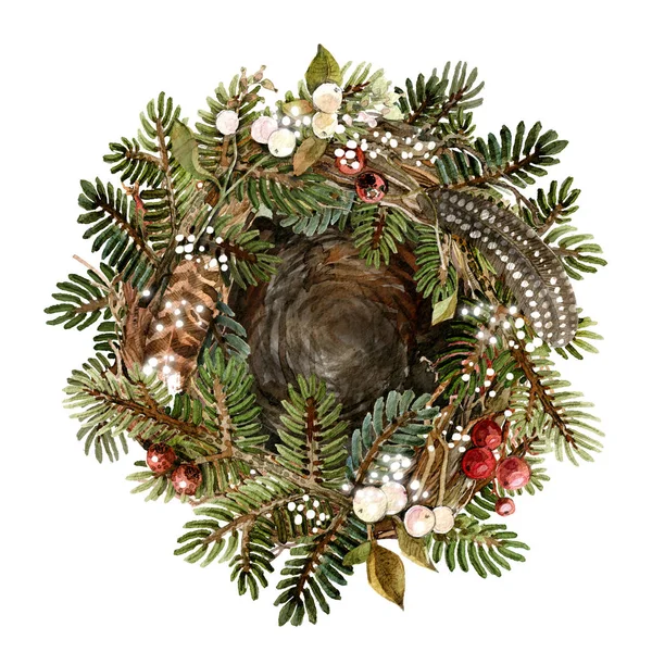 Christmas holiday wreath, nest made of natural materials, branches, spruce, feathers, berries. Watercolor illustration, handmade — Stock Photo, Image