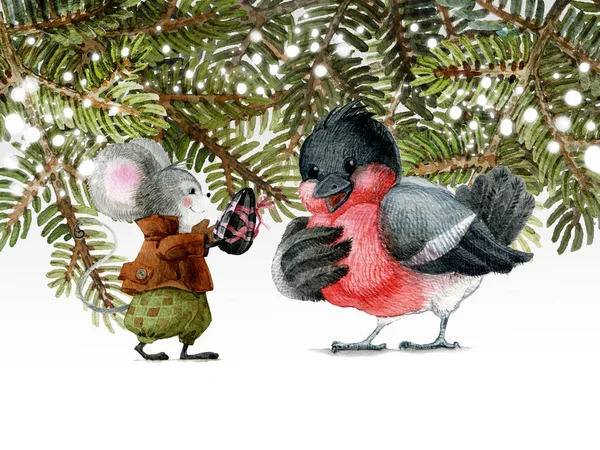 De kleine muis geeft een kerstcadeau in de vorm van zaden aan zijn vriend een vogel. Aquarel illustratie, handgemaakte. — Stockfoto