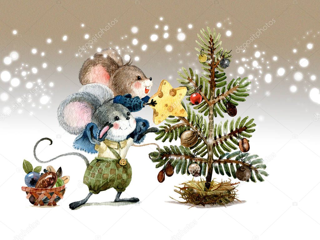 Christmas scene, mice decorate the holiday tree with seeds and fruits of plants. Watercolor illustration, handmade.