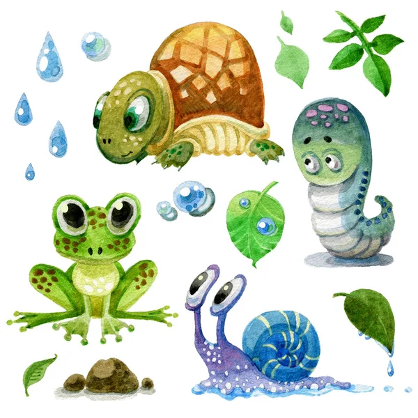 Conjunto de dibujos animados anfibios acuarela, tortugas, caracoles y orugas — Foto de Stock