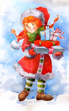  hristmas kartı, karda noel hediyeleri ile kız elf