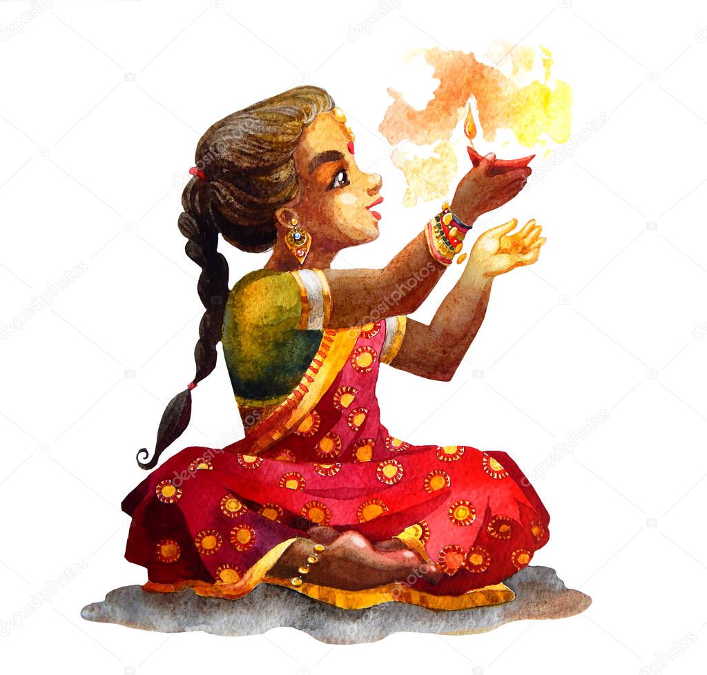 Watercolor Cute Indian little girl holding diya