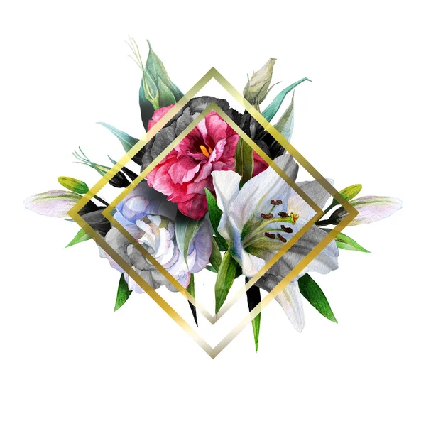Boeket van bloemen van lelies, Eustoma met een geometrisch frame, handgemaakt. Illustratie. — Stockfoto