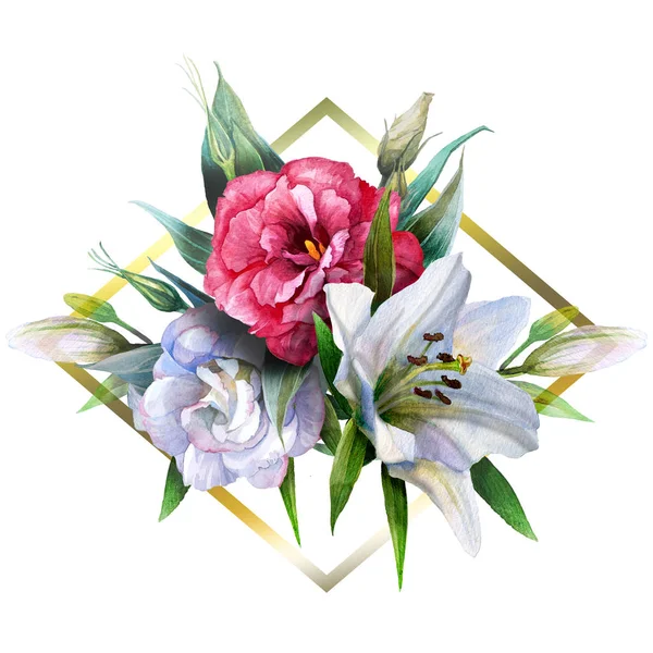 Boeket van bloemen van lelies, Eustoma met een geometrisch frame, handgemaakt. Illustratie. — Stockfoto