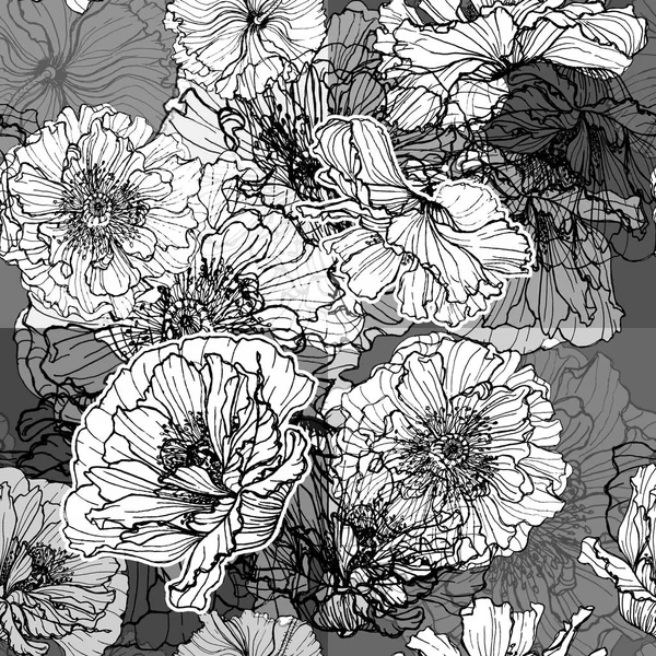 Seamless floral pattern or print with the image of poppy flowers. Silhouettes, spots and fills of flowers. Abstract graphics.