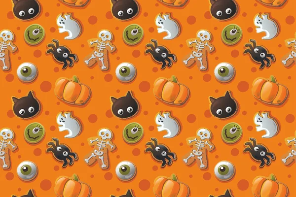 Nahtloses Muster mit Attributen für Halloween-Feiertage. Bilder von niedlichen Kürbissen, Skelett, Geist, Monster. Vektorgrafik — Stockvektor