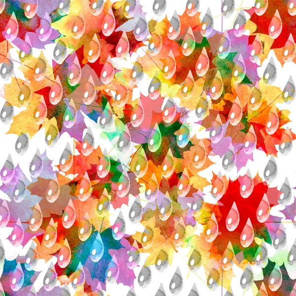 Patrón de otoño, imagen de hojas de arce con gotas de lluvia en varios colores. Textura acuarela — Foto de Stock