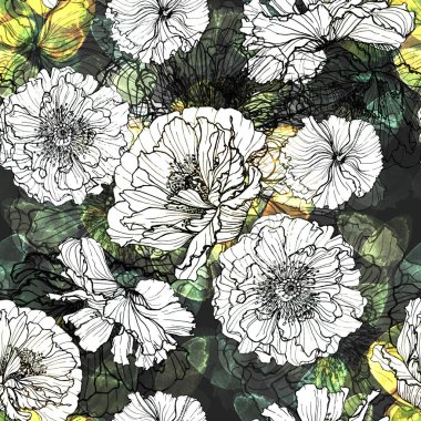 Dikişsiz çiçek deseni veya haşhaş çiçek görüntüsü ile baskı. Siluetler, lekeler ve çiçek dolguları. Soyut grafikler.