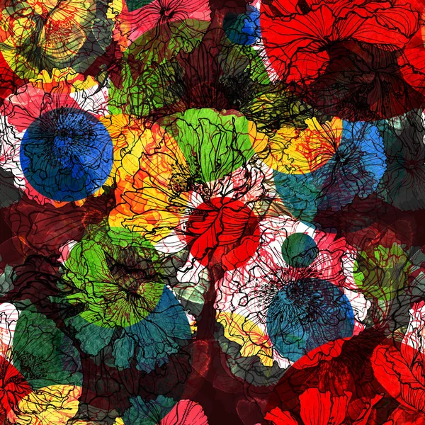 Nahtloses Blumenmuster oder Print mit dem Bild von Mohnblumen. Silhouetten, Flecken und Blumenfüllungen. abstrakte Grafiken. — Stockfoto