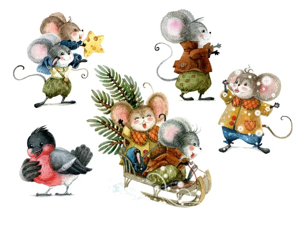 Set van schattige kerst muizen in cartoon stijl. Aquarel kerst illustratie — Stockfoto