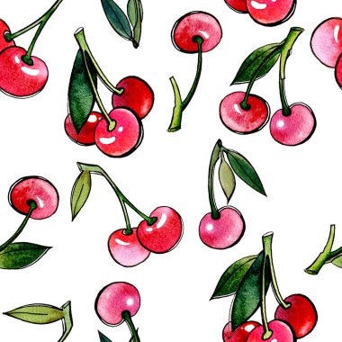 Suluboya elle boyanmış kiraz. Tasarım için. Kusursuz desenler, kumaşlar, ambalaj kağıdı, duvar kağıdı..