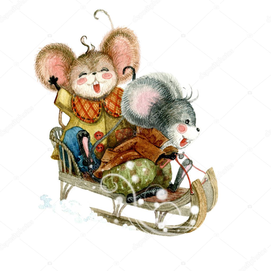 Cute mouse sleigh ride with a festive spruce branch. Watercolor christmas illustration