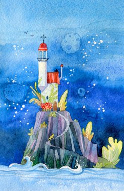 Fantastik deniz feneri. Peri masalı kulesi, çocuklar için resim, baskı, tatil kartı..