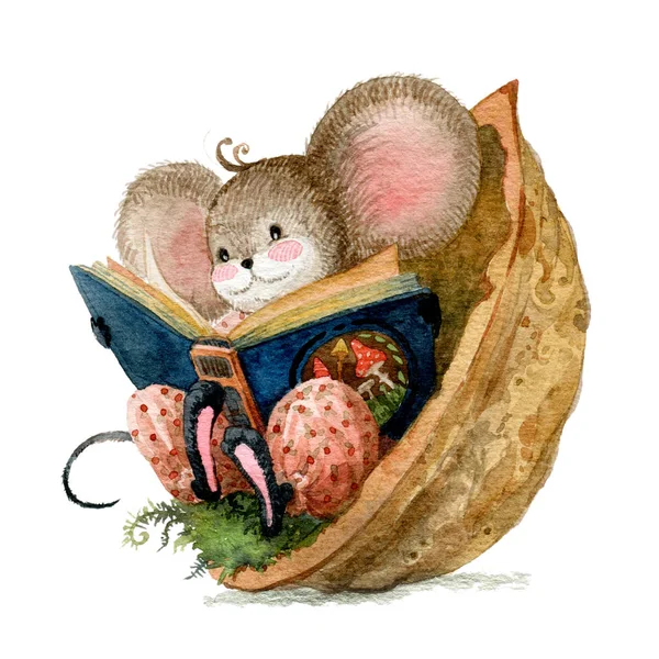 Hygge sfeer. Een kleine muis leest sprookjes zittend in een notendop. Aquarelillustratie — Stockfoto