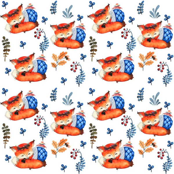 Kusursuz desen. Şirin orman hayvanlarıyla desenli. Uyuyan tilki ve orman bitkileri. Suluboya çizimi, el yapımı