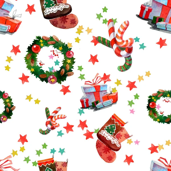 Seamless pattern. Christmas pattern socks, wreath, stars, gifts, sweets.