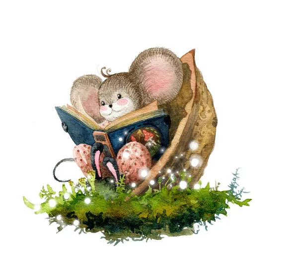 Hygge de l'atmosphère. Une petite souris lit des contes de fées, assise dans une coquille de noix, un tapis de mousse, une atmosphère magique. Illustration aquarelle — Photo