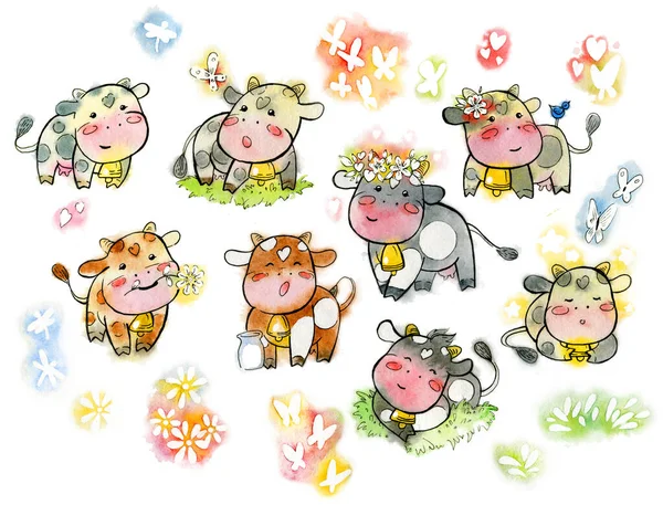 Conjunto de vacas acuarela. Conjunto de dibujos animados de vacas felices kawaii. Acuarela hecha a mano —  Fotos de Stock