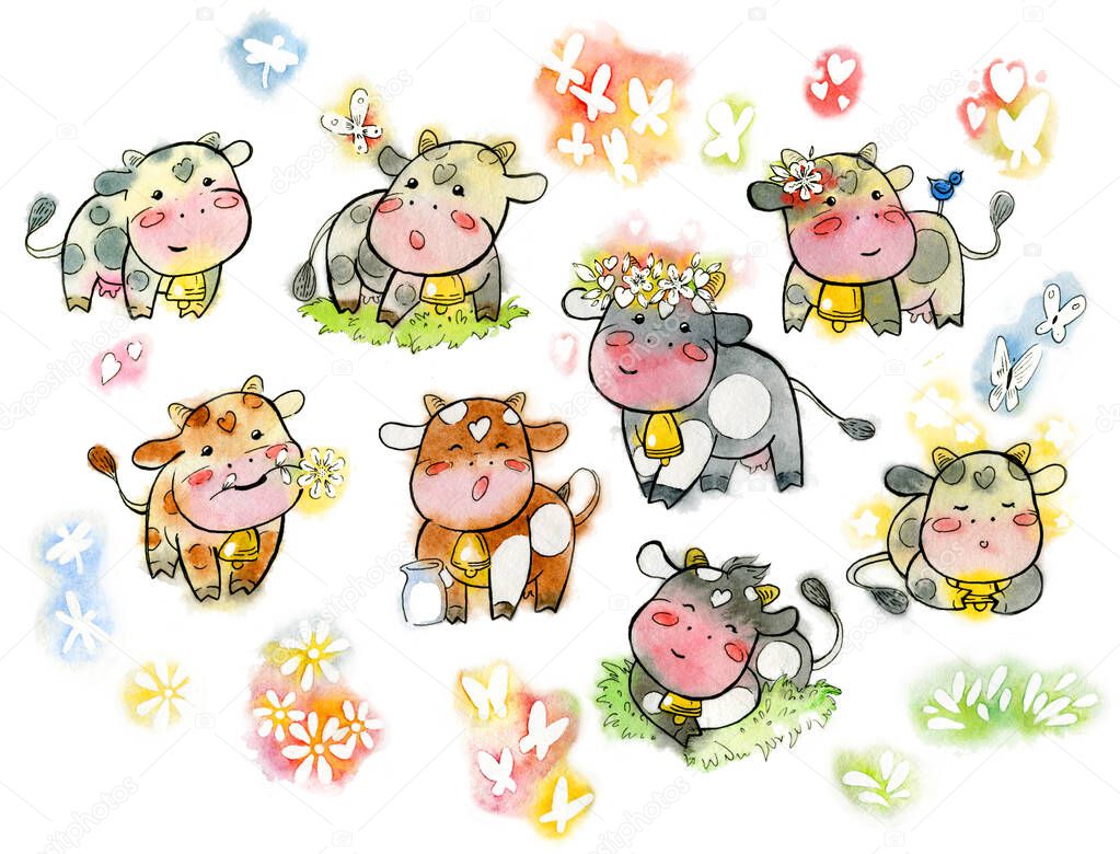 Set of watercolor cows. Cartoon set of kawaii happy cows.