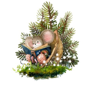 Atmosfer Hygge. Küçük bir fare masal okur, ceviz kabuğunda oturur, yosun halısı, Noel ve yeni yılın büyülü atmosferi. Suluboya çizimi