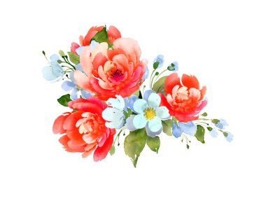 Şakayıklı ve küçük beyaz çiçekli narin bir buket. Suluboya çizimi, el yapımı.