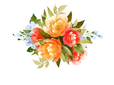 Şakayıklı ve küçük beyaz çiçekli narin bir buket. Suluboya çizimi, el yapımı.