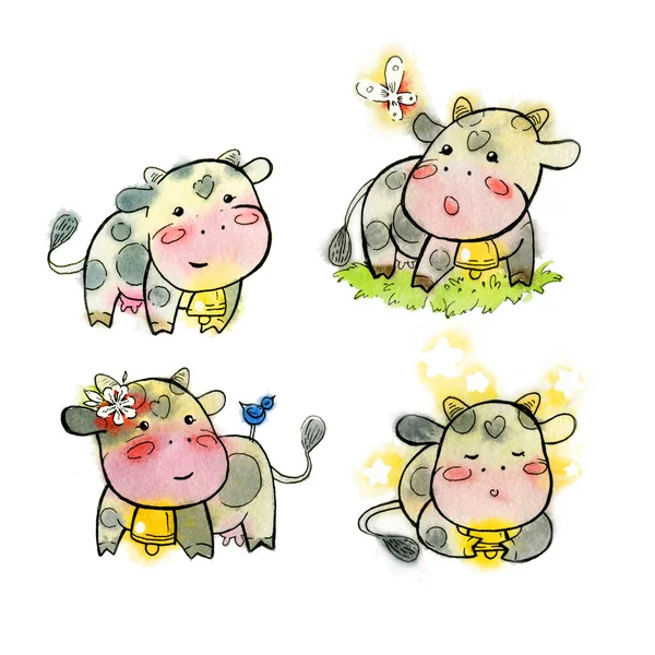 Set of white-black watercolor cows with a bell. Cartoon set of kawaii of happy cows, with a bird, with a butterfly, sleepy. Handmade watercolor